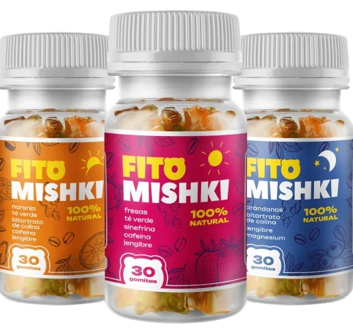 Fito Mishki 3 frascos gomitas quema grasa naranja rosa azul — té verde, sinefrina, jengibre, colina para acelerar metabolismo en Colombia