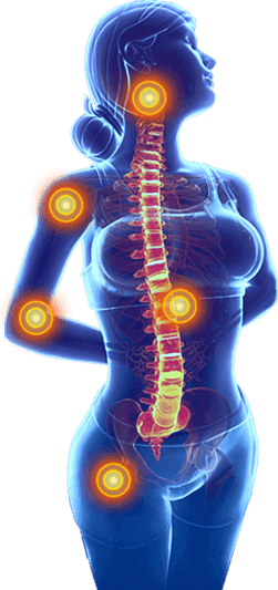 Mujer con puntos de dolor articular — Flexogen alivia articulaciones, rodillas, espalda y cuello con 6 activos naturales