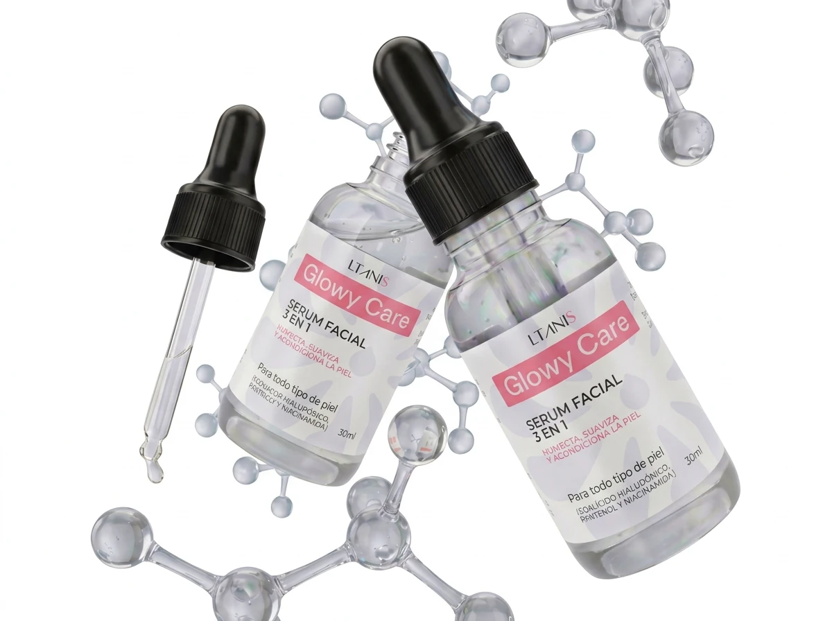 Frasco Glowy Care Serum Facial 7 en 1 30 ml — Ácido Hialurónico, Niacinamida, Ácido Poliglutámico, Pantenol y Péptidos de Colágeno fórmula coreana antiedad Colombia