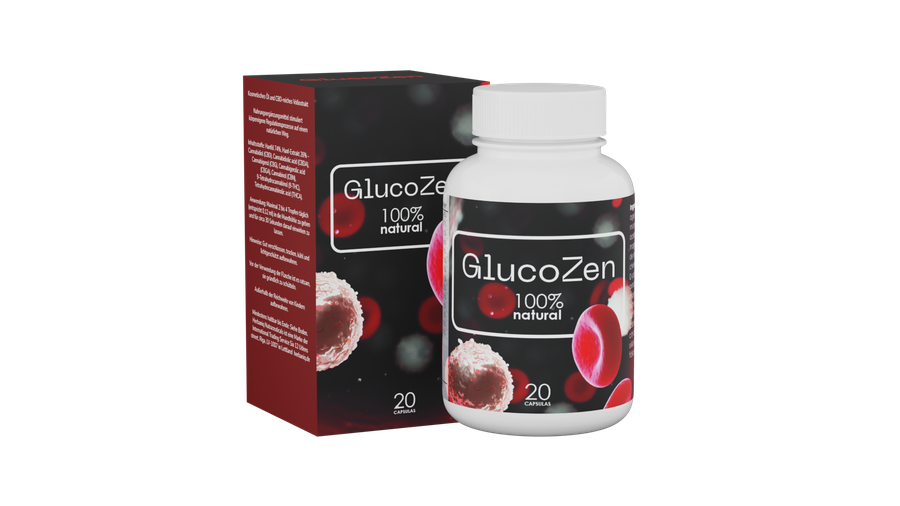 GlucoZen presentación oficial caja negra y frasco blanco con 6 activos naturales para glucosa
